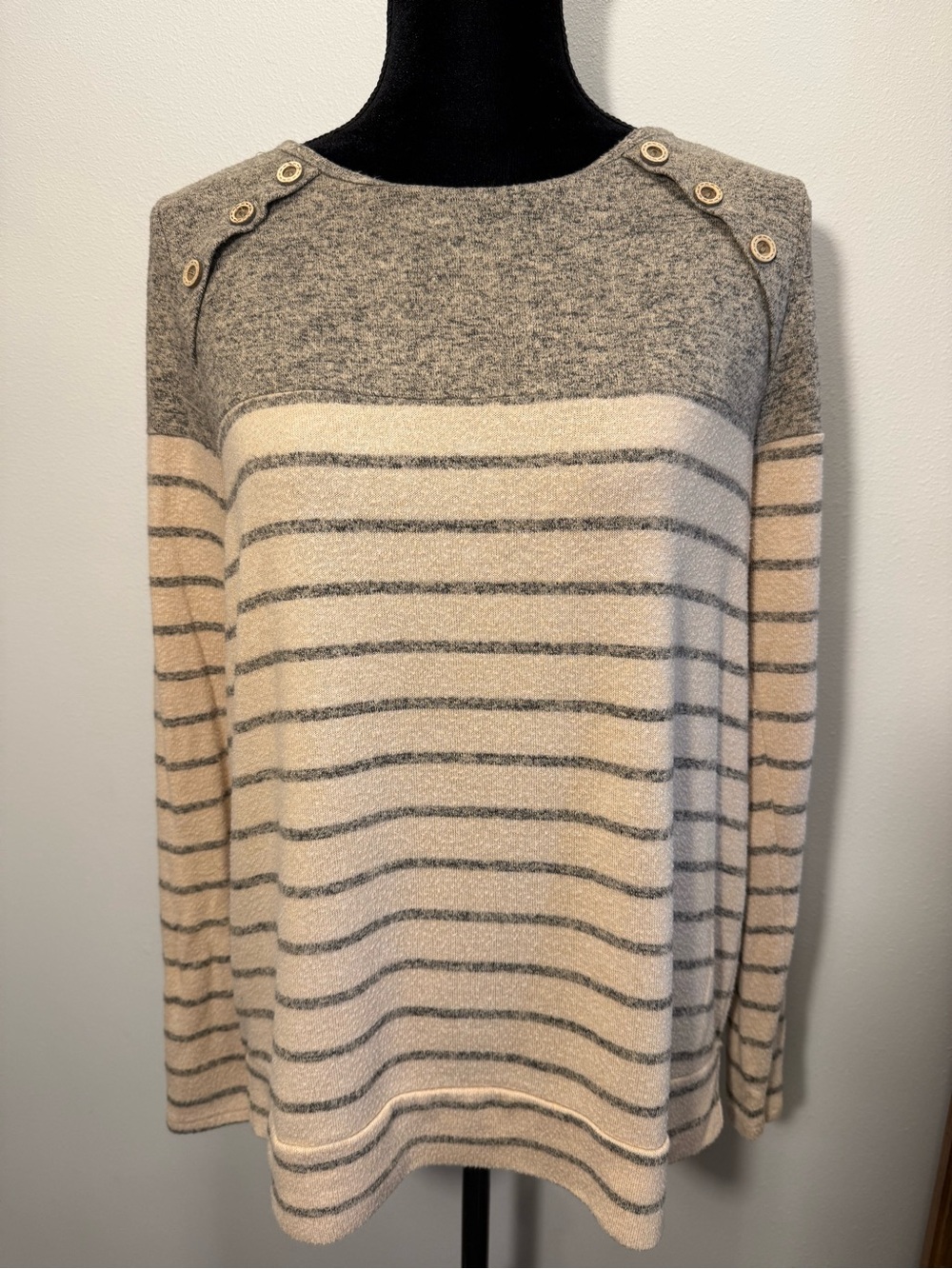Pink Clover Cream & Gray Striped Crewneck Sweater with Button Shoulders